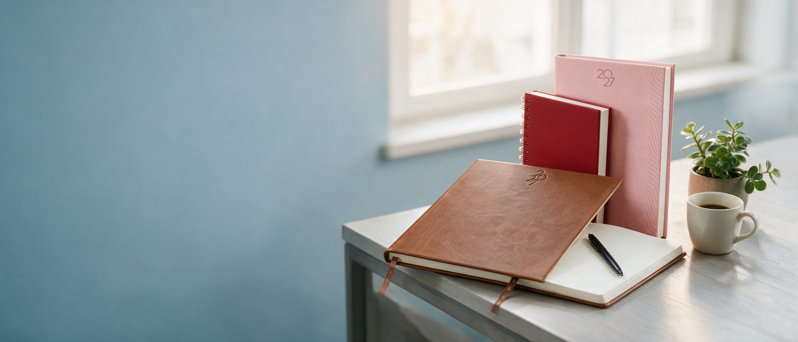 Agendas 2027 en un escritorio con café y una planta, con luz de mañana