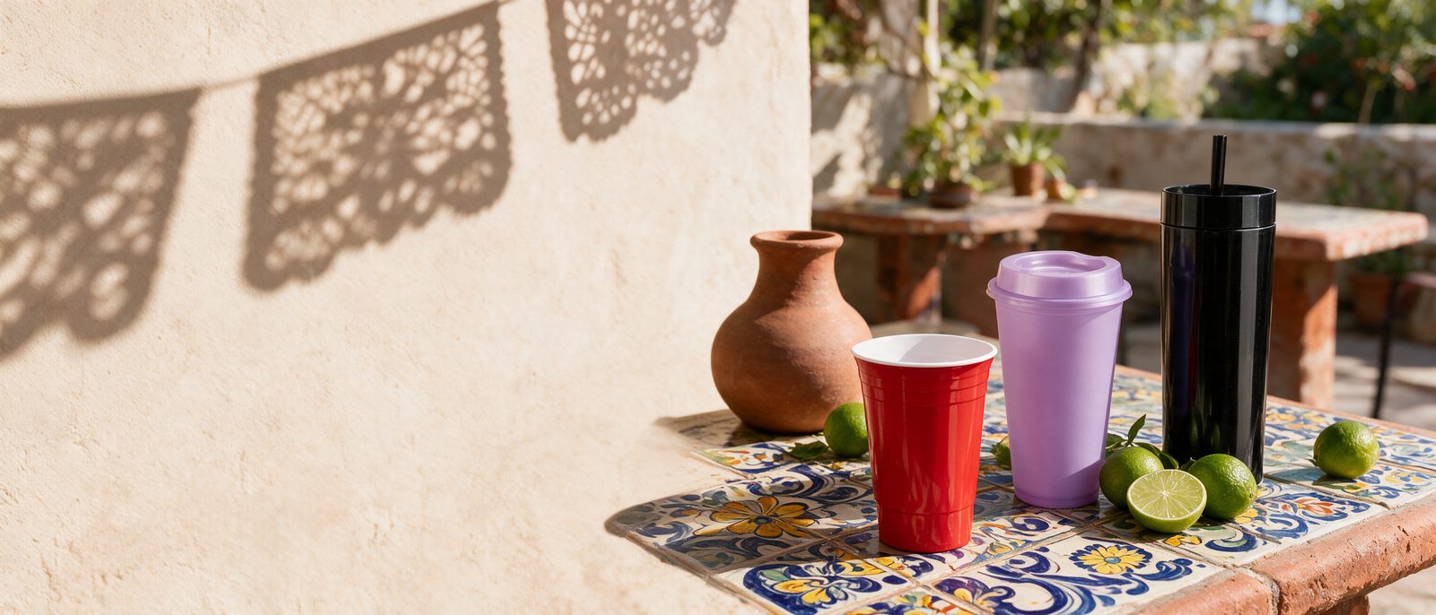 Vasos y termo hechos en México sobre una mesa de talavera con limones y sombras de papel picado