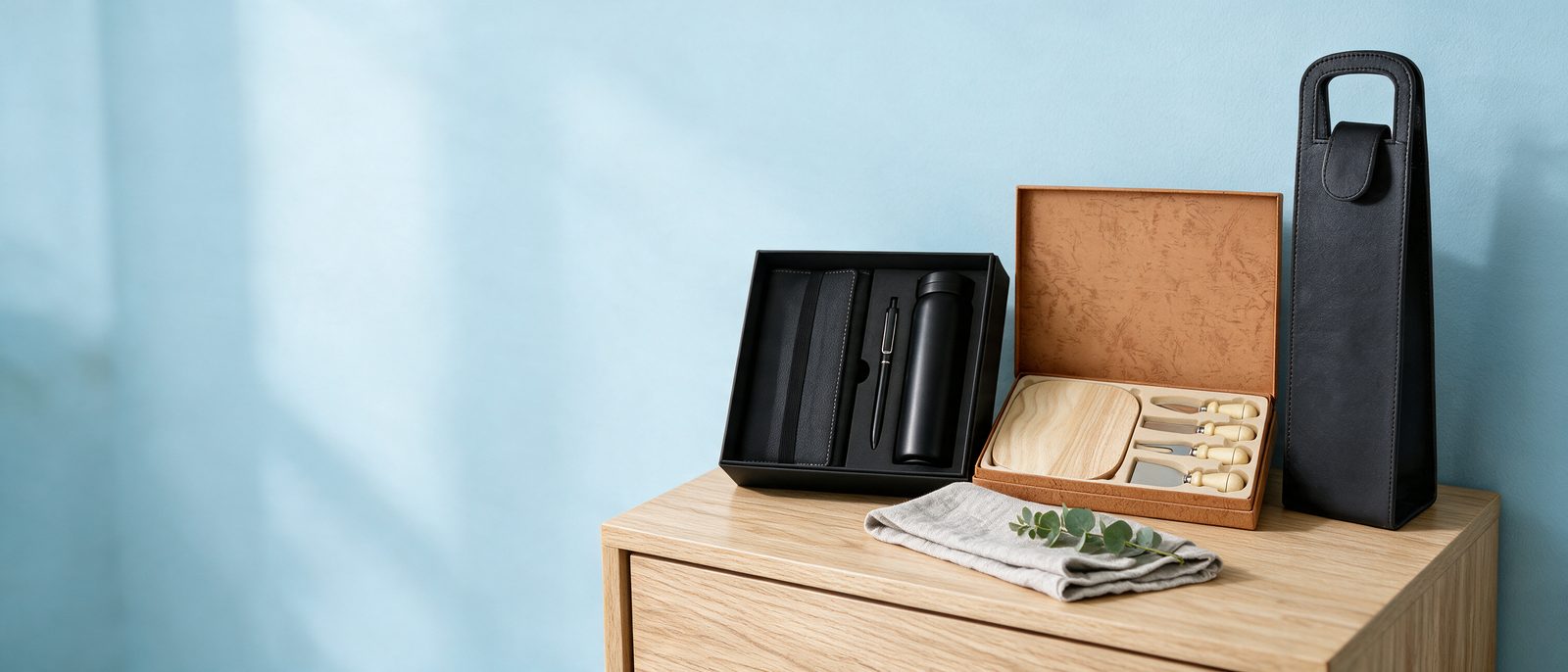 Set ejecutivo, tabla de quesos y estuche para vino listos para regalar sobre un mueble de madera