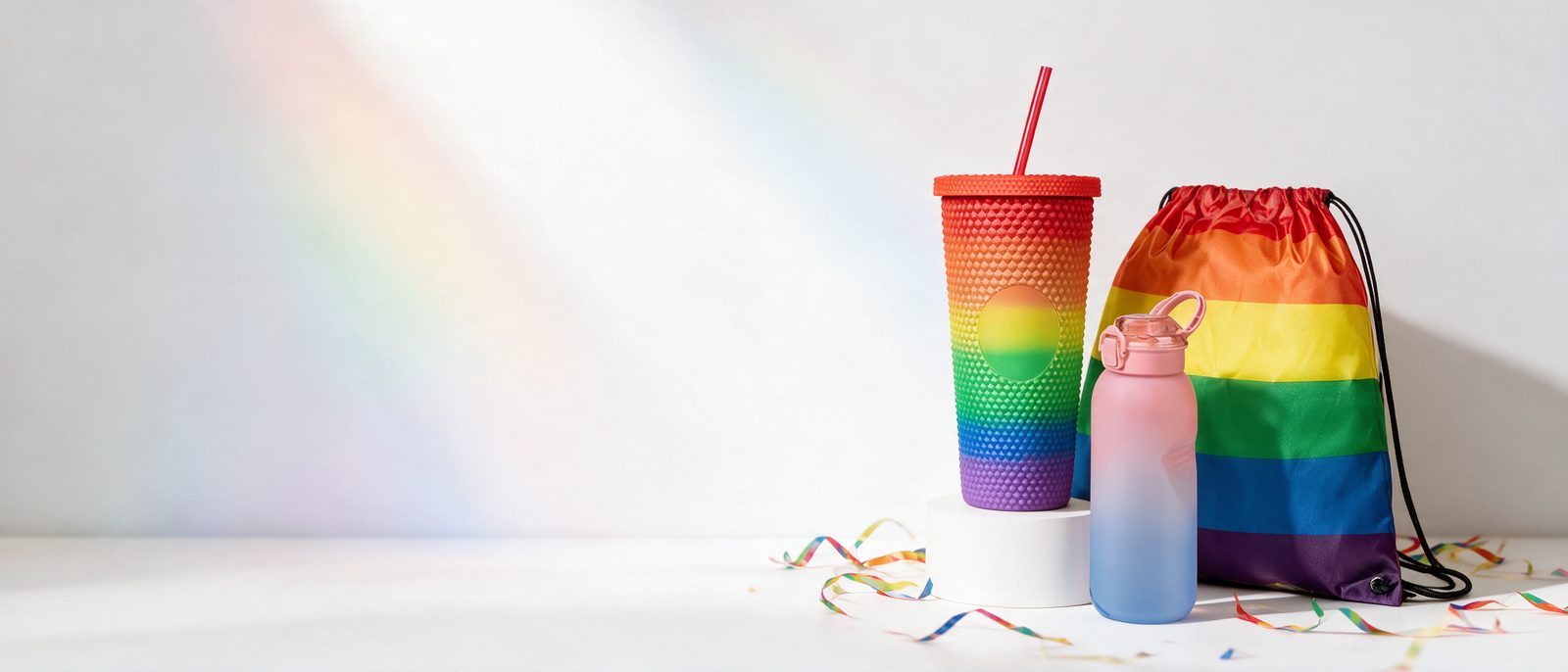 Vaso, bolsa-mochila y botella con los colores del arcoíris sobre una superficie blanca