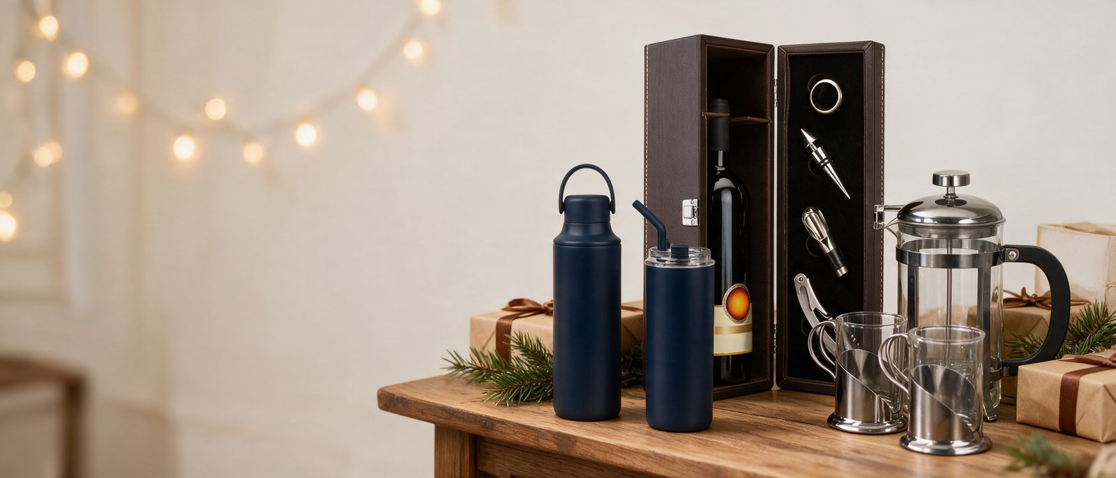 Set para vinos, set de termos y cafetera de émbolo junto a regalos envueltos y luces navideñas