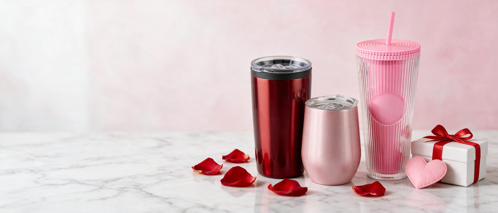 Termo rojo, termo rosa y vaso rosa sobre mármol blanco con pétalos de rosa y una caja de regalo