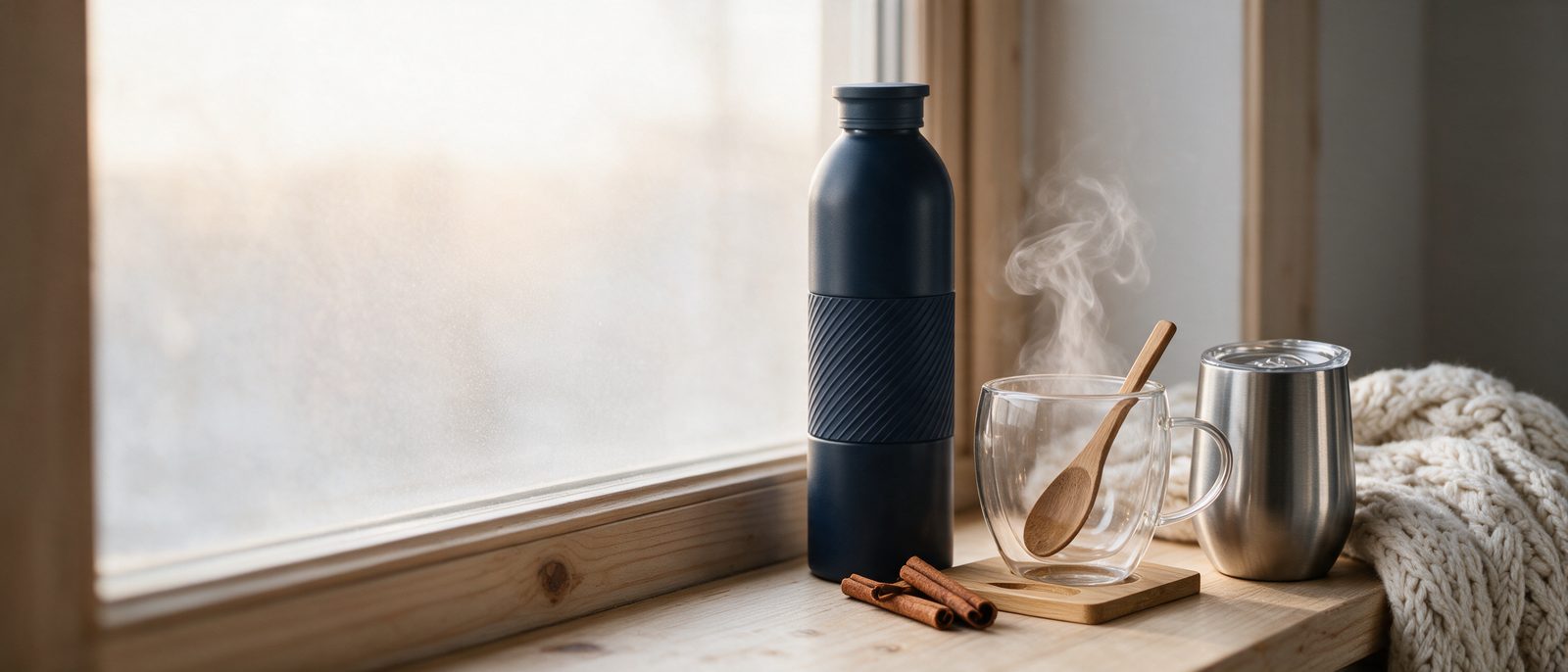 Termo, taza de vidrio con té humeante y vaso térmico en una ventana de invierno