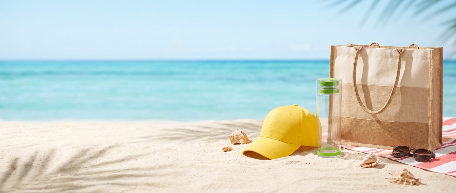 Gorra amarilla, cilindro verde y bolsa de yute sobre la arena con el mar de fondo